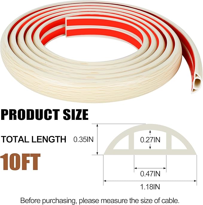 MYFAMIREA 10FT Floor Cord Cover for Wire Self Adhesive Cable Cavity Management PVC Extension Cord Hider Power Floor Wire Protector Prevent Cable Trips for Office Home Outdoor (Beige Wood, 1.18'')