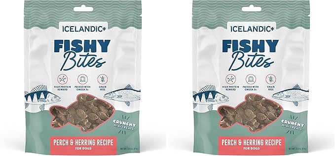 Icelandic+ Fishy Bites: Perch & Herring - 2oz - Dog Treats, Crunchy Mini Snacks, 3 Ingredient Pet Rewards, Preservative Free, Slow Baked, Natural (Pack of 2)