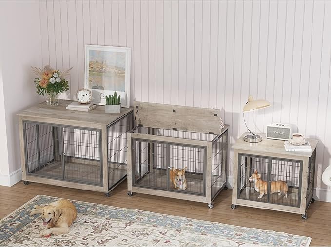 IchbinGo Dog Crate Furniture, Wooden Dog Crate Table, 43.7" Dog Kennel with 3 Doors, Flip-up Top Opening and Wheels, Decorative Pet Crate House for Large/Medium/Small Dog Indoor Use(Rustic Grey)