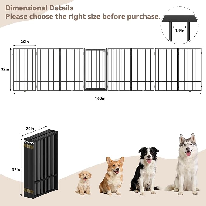 Full Metal Freestanding Dog Gate with Door, 32''Height Foldable Pet Dog Fence for Indoor & Outdoor, 8 Panels Extra Wide Free Standing TallDog Gates for Doorways,House,Stairs,Porch,Deck,Yard
