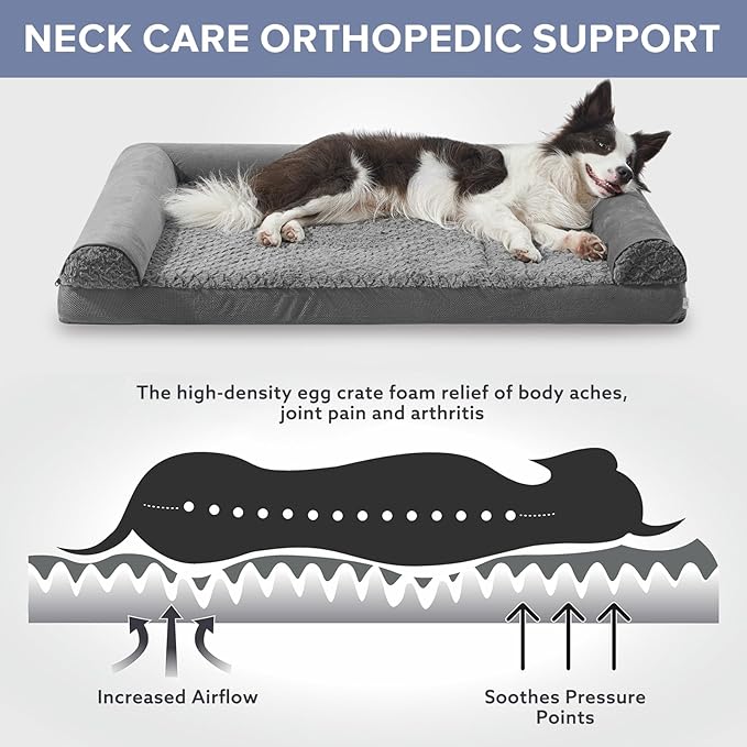 JOEJOY Orthopedic Dog Bed - Large Dog Couch, U Shape Memory Foam with Removable Washable Cover, Waterproof Lining, Comfy Bolster, 35" x 25" x 6.5", Dark Grey