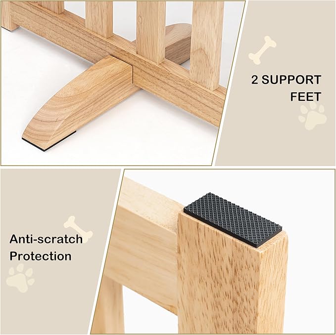 24" Height Tall Freestanding Pet Gate, Solid Wood Folding Safety Fence Wooden Dog Gate with 2 PCs Support Feet Ideal for Stairs, Doorways, Halls, Kitchens, Heavy Duty Gates, 2 Panels, Natural
