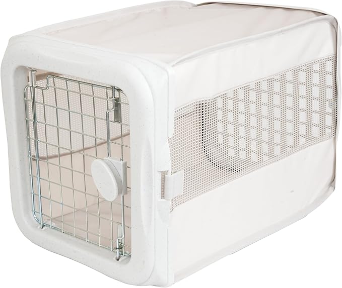 SportPet Designs Small Soft-Sided Pet Travel Kennel for Cars, Foldable Back Seat Crate for Cats & Small Dogs, Mesh Ventilated Carrier with Dual Metal Doors, Safety Leash & Waterproof Bed - White