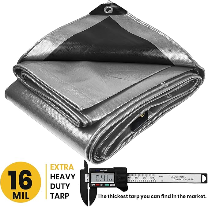 PROTARP Extra Heavy Duty 16 Mil Tarp Cover, Waterproof, UV Resistant, Rip and Tear Proof, Poly Tarpaulin with Reinforced Edges for Roof, Camping, Patio, Pool, Boat. (Silver/Black 10′ X 12′)