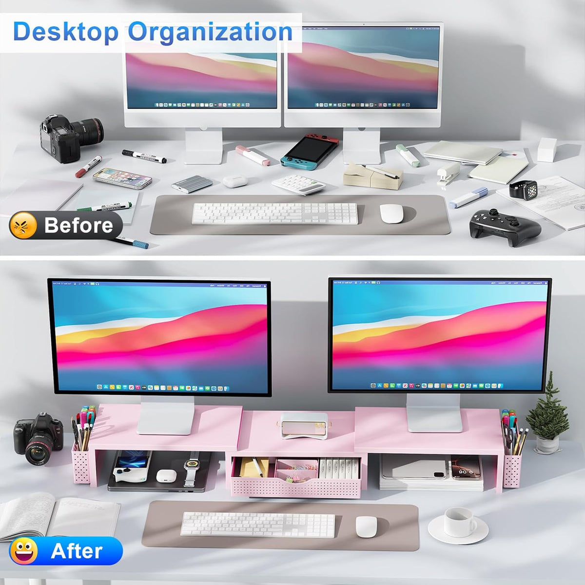 gianotter Dual Monitor Stand Riser With Drawer and 2 Pen Holders