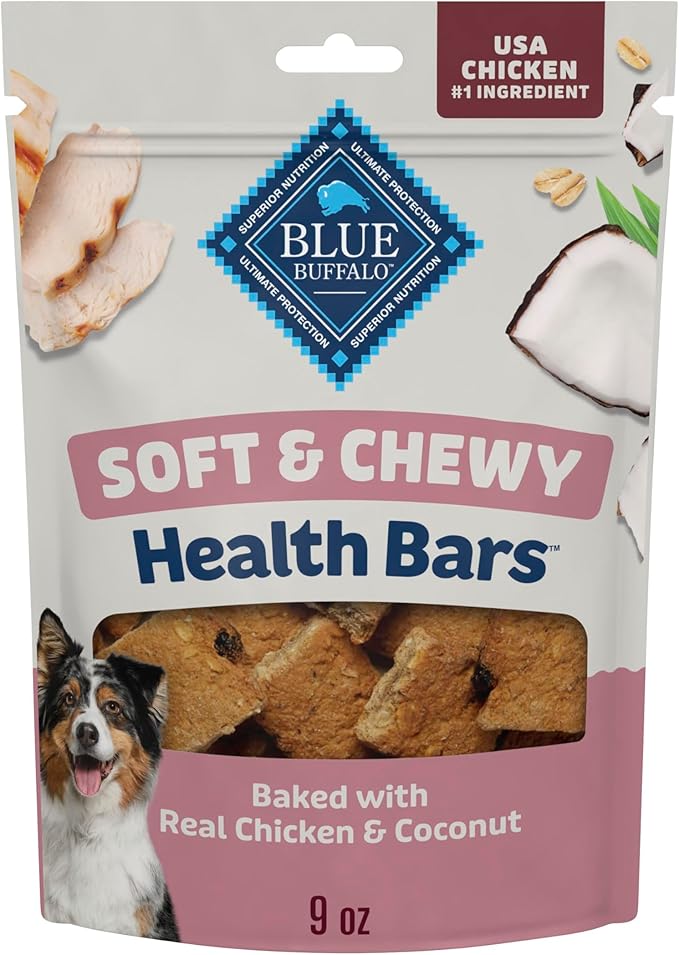 Blue Buffalo Soft & Chewy Health Bars, Baked with Real Chicken & Coconut, Natural Dog Treats Mineral-Enhanced for Flavor, 9 oz. Bag
