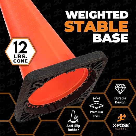 Xpose Safety 36 Inch Orange Traffic Cones Heavy Duty 12lb, 48-Pack - Multipurpose PVC Plastic Safety Cone for Parking, Soccer, Caution, Kids and Construction - DOT Approved
