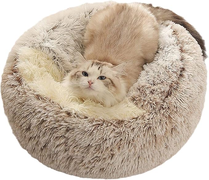 Plush Fluffy Dog and Cats Round Bed – Ultra-Soft Faux Fur Pet Shell Nest with Raised Bolster Edge, Self-Warming Calming Nest for Small to Large Pets (Coffee, Large（26”）)