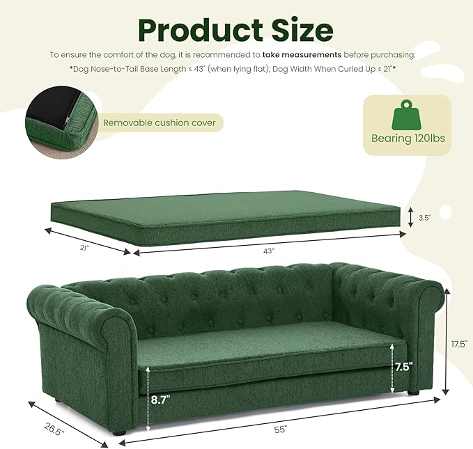 Elevated XL Large Dog Sofa with Backrest and Armrests, 55" Button Tufted Dog Couch Bed with Soft Cushion for Large Dogs, Stylish Lounging Bed Pet Couch Chair, 120Lbs Weight Capacity, Olive Green