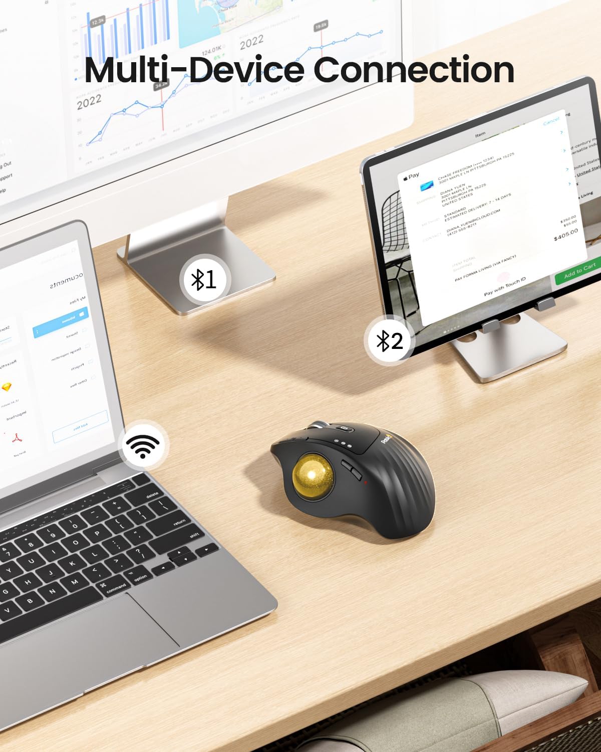 ProtoArc EM01 NL Wireless Trackball Mouse, Rechargeable Thumb Control, Gold