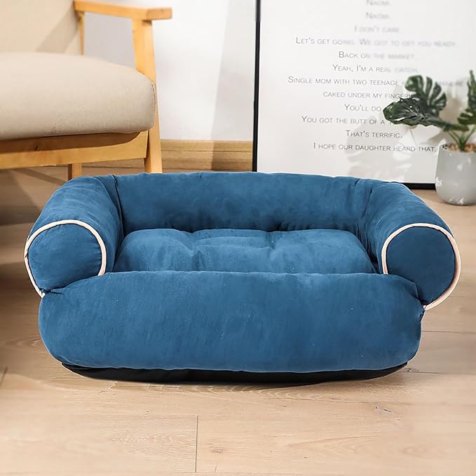 Suede Sofa Dog Bed, Multiple Sizes Orthopedic Memory Foam Mattress, Durable and Calming, Washable Dog Bed with Anti-Slip Bottom S Blue