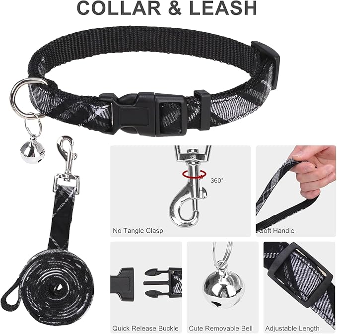 EXPAWLORER Classic Plaid Puppy Harness - Dog Collar and Leash - Soft Mesh Padded Adjustable Step in Small Dog Vest Harness No Pull, Reflective Escape Proof for Outdoor Walking, Black XS