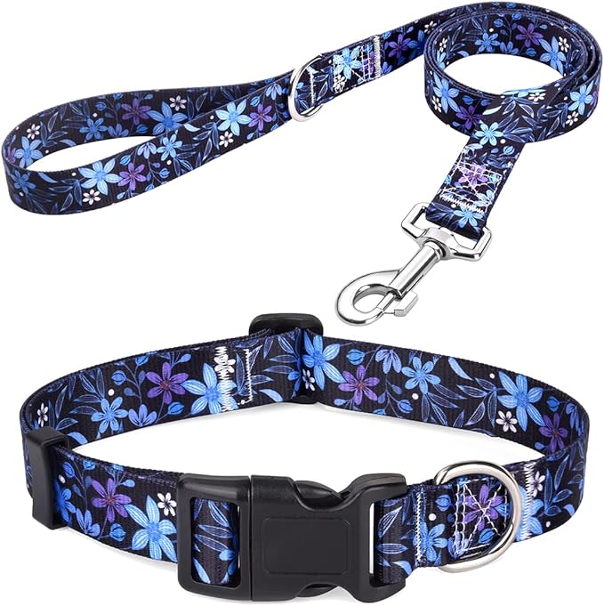 Dog Collar and Leash Set with Bohemia Floral Tribal Geometric Patterns - Soft Ethnic Style Collar Adjustable for Small Medium Large Dogs(Blue Floral Set,XS)