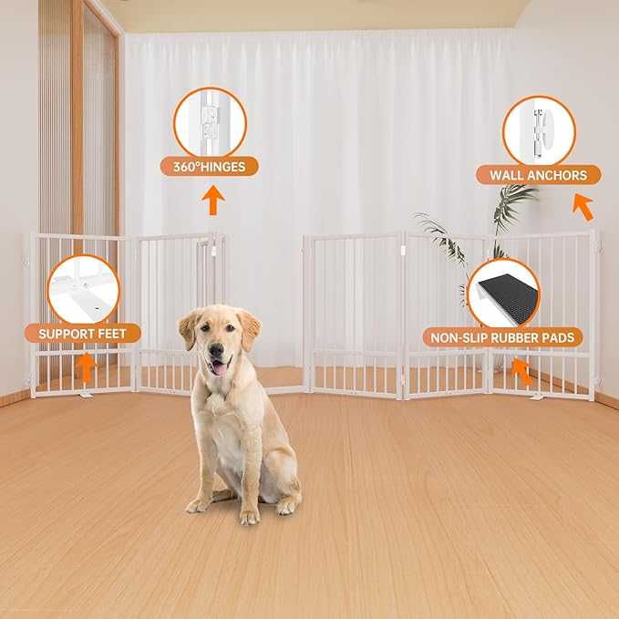 Full Metal Freestanding Dog Gate with Door, 32''Height Foldable Pet Dog Fence for Indoor & Outdoor, 6 Panels Extra Wide Free Standing TallDog Gates for Doorways,House,Stairs,Porch,Deck,Yard