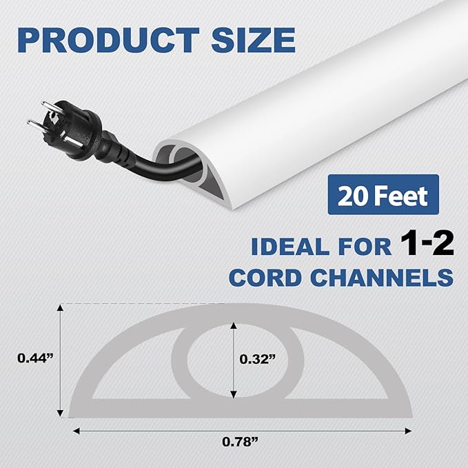 Floor Cord Cover for Wires on Floor Self Adhesive Cord Hider Floor Cable Management Wire Covers for Cords Protector Prevent Cable Trips Cord Cavity W 0.32" x H 0.32", White, 20Ft