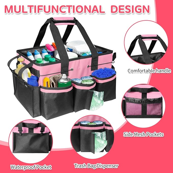 Boczif Cleaning Caddy Bag Wearable, Cleaning Caddy Supplies Organizer with Handle, Shoulder Straps & Detachable Divide, Cleaning Tool Organizers Tote Bag for Cleaners & Housekeepers(Pink)