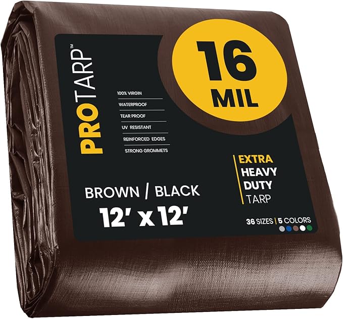 PROTARP Extra Heavy Duty 16 Mil Tarp Cover, Waterproof, UV Resistant, Rip and Tear Proof, Poly Tarpaulin with Reinforced Edges for Roof, Camping, Patio, Pool, Boat. (Brown/Black 12′ X 12′)
