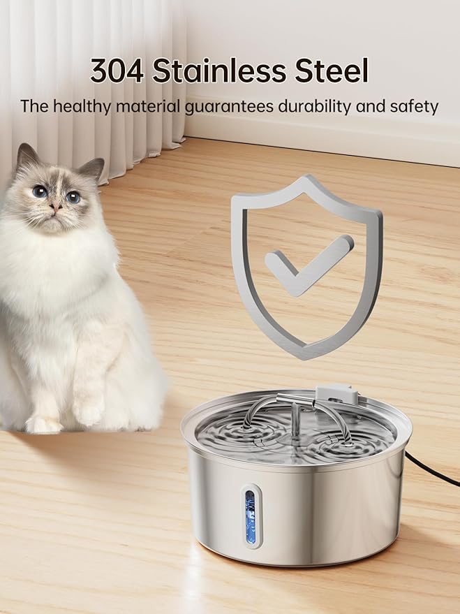 Cat Water Fountain Stainless Steel, 3.2L/108OZ Pet Water Fountain for Drinking,Automatic Metal Dog Water Fountain with 4 Filters & 4 Sponges,Quiet Pump,Dual-Stream for Cats, Dogs,Multiple Pets Indoor
