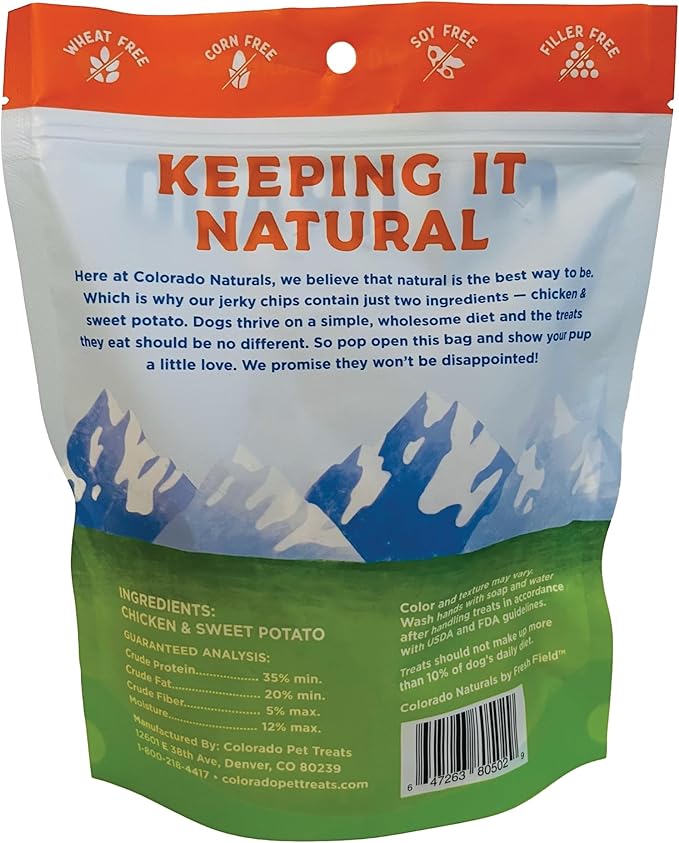 Colorado Naturals Chicken & Sweet Potato Jerky Chips Dog Treats, 6 oz – All-Natural, Made in USA, No Fillers or Preservatives – Promote Bone and Joint Health