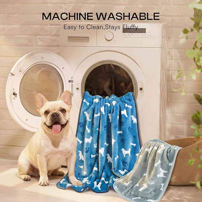 Luciphia 1 Pack 3 Blankets, Cute Dog Printed Fluffy Fleece Pet Blanket for Dogs Cats Washable, Warm Soft Throw Cover for Crate Couch, Gifts Puppy Essentials, Blue/Grey/Khaki, Small (23x16 inch)