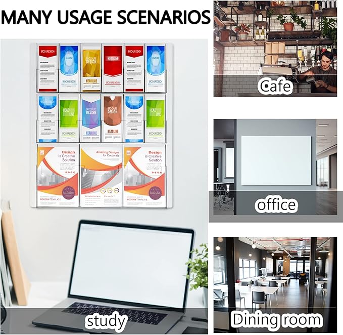 Weysat Acrylic Brochure Holder Wall Mount, Clear Plastic Pamphlet Holder Magazine Display Trifold Flyer Rack Hanging Literature Storage Organizer(3 Magazine Pockets, 12 Pamphlet Pockets)