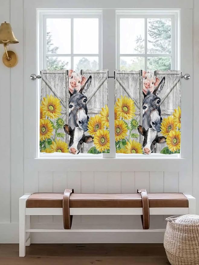 Farmhouse Half Window Curtains 24 Inches Long, Watercolor Sunflowers Animals