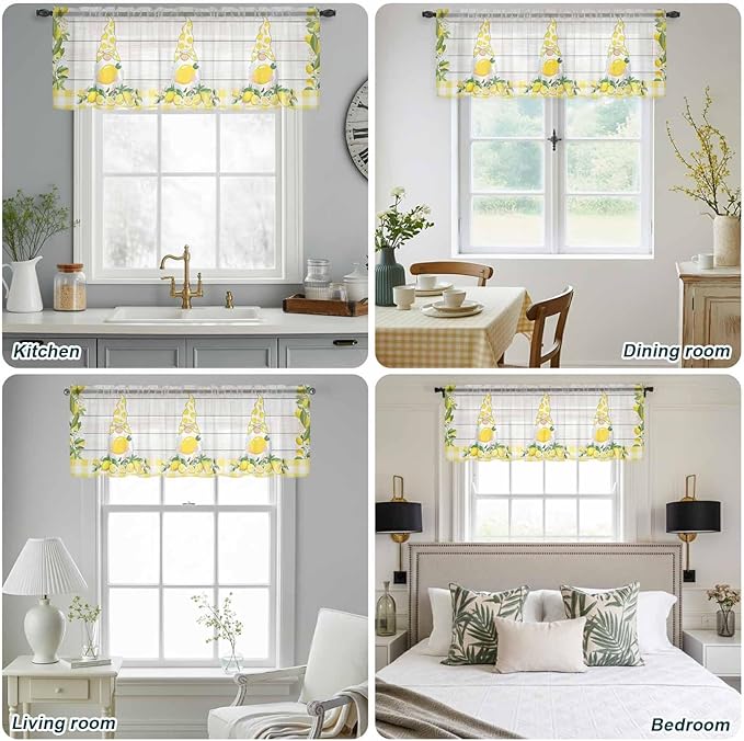 Lemon Dwarfs Sheer Valance Curtains, Gnome Green Leaf Wood Striped Yellow Plaid