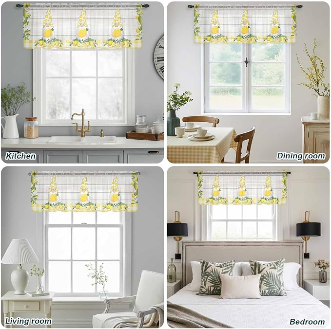 Lemon Dwarfs Sheer Valance Curtains, Gnome Green Leaf Wood Striped Yellow Plaid