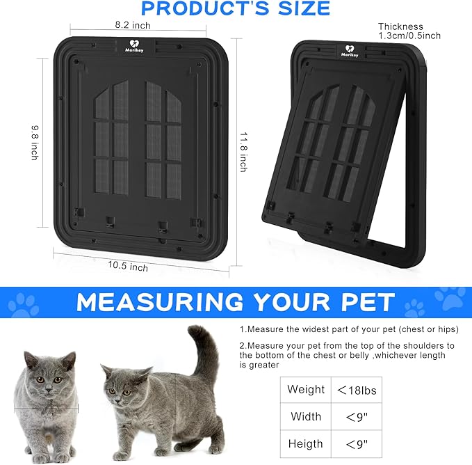 Cat Screen Door,Inside Opening 9.8×8.3Inch Cat Door for Screen Door, Pet Screen Door with Lockable Magnetic Flap for Pet Door,with 4 Entry Ways, Medium
