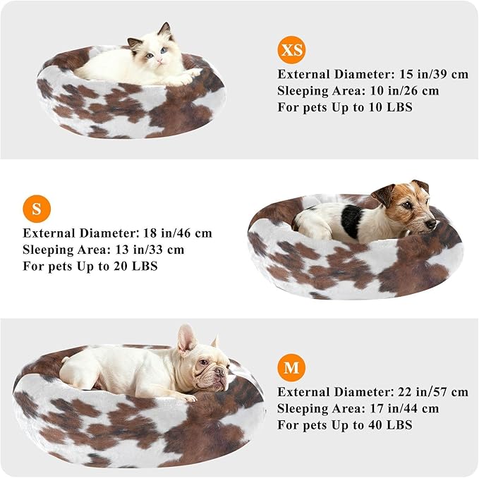 Round Cat Bed Dog Bed,15.7in Cow Print Washable Non-Slip Bottom Soft Pet Bed for Small Medium Dogs and Cats
