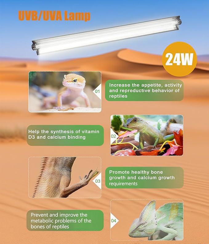 24W T5 UVB Reptile Light Fixture Combo Kit – 10.0 UVB Fluorescent Tube for Bearded Dragons, Lizards & Tortoises – UVA UVB Reptile Light, 22" Terrarium Hood (UVB 10.0-Desert, 22INCH-24W)