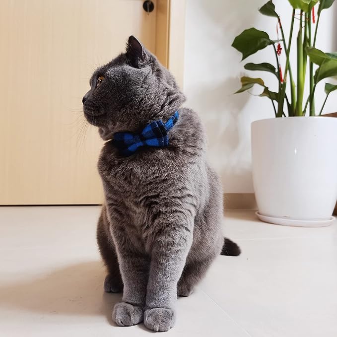 Cat Collar Breakaway with Bell and Bow Tie, Plaid Design Adjustable Safety Kitty Kitten Collars(6.8-10.8in) (Blue Plaid 3)