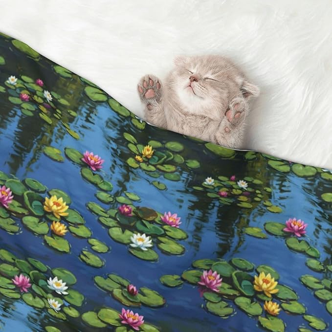 Two Sided Plush Pet Blanket for Crates Carriers Home Use, Water Lilies Monet Painting, Reversible Throw with Cozy Dot Fabric and Silky Reverse for Small Large Pets