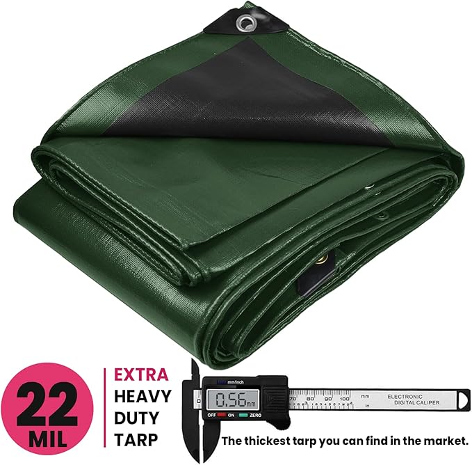 PROTARP Extreme Heavy Duty 22 Mil Tarp Cover, Waterproof, UV Resistant, Rip and Tear Proof, Poly Tarpaulin with Reinforced Edges for Roof, Camping, Patio, Pool, Boat. (Green/Black 40′ X 50′)