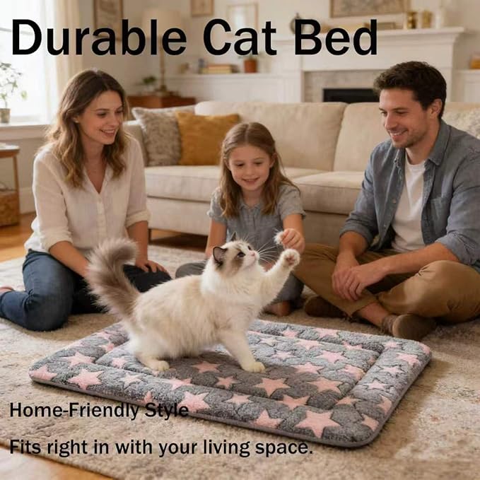 Dog Bed Mat - Reversible Dog Crate Bed Mats, Soft & Breathable Kennel Pad, Durable Crate Bed for Small Dogs & Cats (Pink&Gray Stars, XS(18"*14"*1.5"))