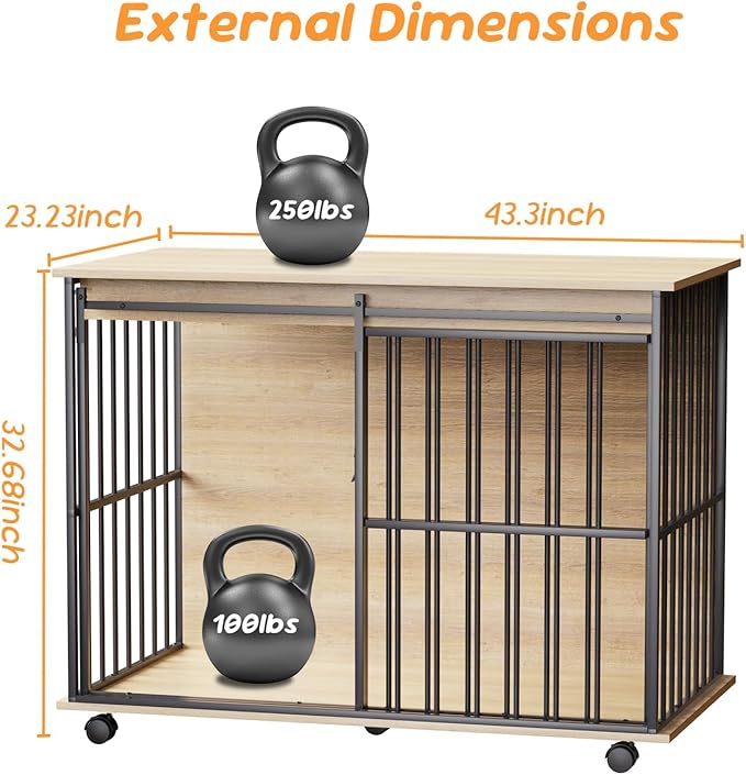 43.3" Dog Crate Furniture, Dog Kennel Indoor with Wheels for Large Medium Small Dogs, Wooden Dog Crate End Table with Sliding Door, Wooden Dog Kennel Furniture for Living Room, Bedroom