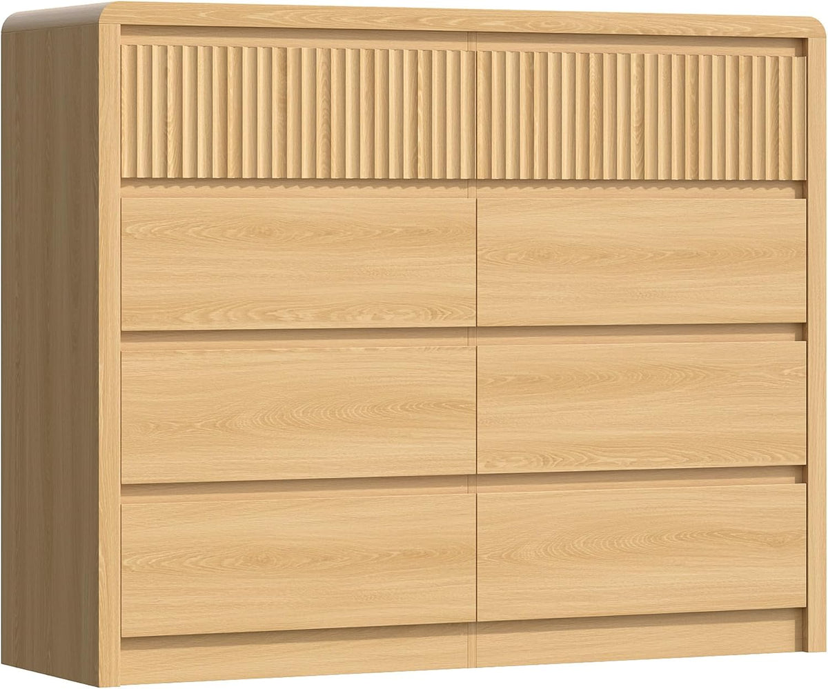 Fluted 8 Drawer Dresser for Bedroom, 50” Wide Modern Dresser & Chest of Drawers with Curved Profile Design, Wood Mid Century Dressers for Bedroom, Living Room, Oak