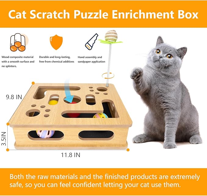Interactive Wooden Cat Scratch Puzzle Enrichment Box,Cat Nail File Enrichment Box, Features Built in Sandpaper to Help Trim Claws During Play. (Burlywood Color)