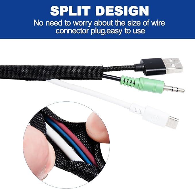 Split-Sleeve Wire Loom for High-Temperature Automotive Harness and Home Cable Management, 25ft - 5/8 inch Braided Cable Management Sleeve Cord Protector, Self-Wrapping Split Wire Loom