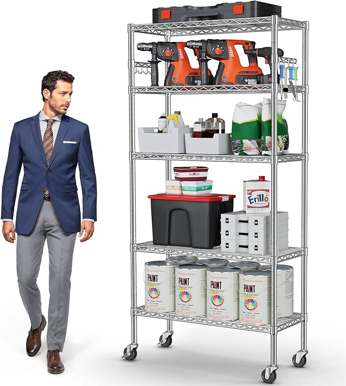YNN Storage Shelves,1750Lbs 5 Tier Heavy Duty Metal Rolling Shelving Unit with Wheels & 8 Hooks, Adjustable Garage Wire Rack for Kitchen, Bathroom,Industrial,Pantry(36" W x 14" D x 72" H, Chrome)