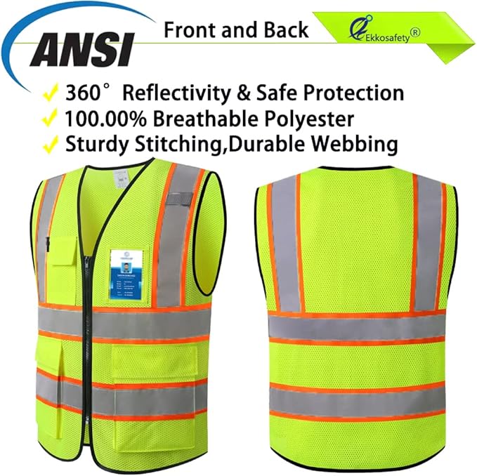 Reflective Mesh Safety Vest for Men Women with 5 Pockets and Zipper Front High Visibility Mesh Vest Hi Vis Construction Work Vest,Meets ANSI/ISEA Standards(EK175-Yellow-5XL)