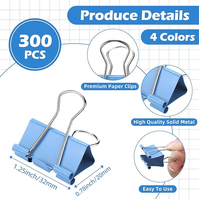300 Pcs Medium Binder Clips Paper Clips Office Supplies Paper Clamps for Teachers Students School Office Business Paperwork Supplies (Assorted Colors, 1.25 Inch)