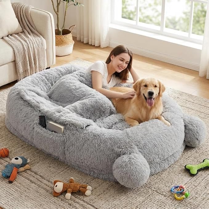 GarveeHome Human Sized Dog Bed, 71" x 45" x 12" Large Dog Bed with 2 Storage Pockets, Fluffy Faux Fur Orthopedic Pet Bean Bed for Adults & Giant Pets - Grey