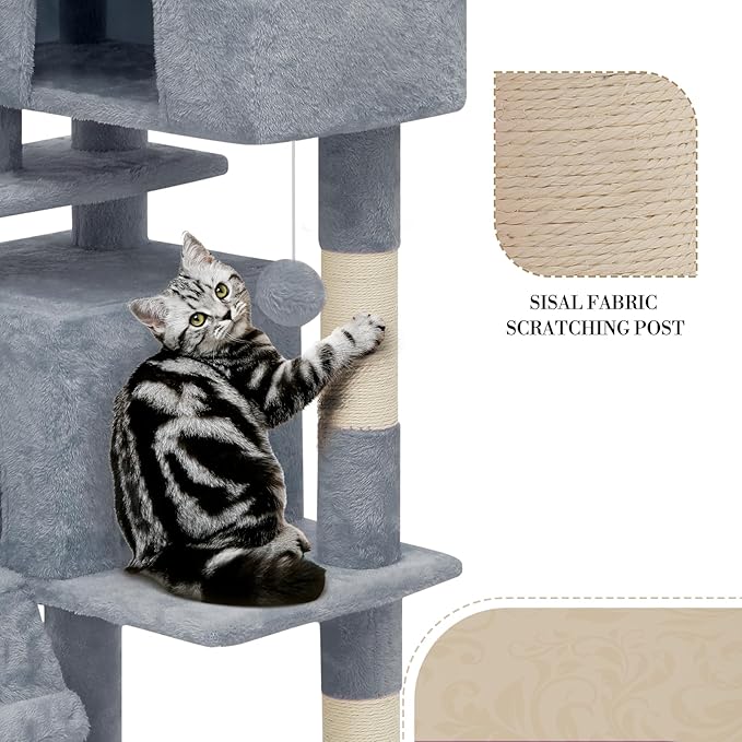 Athena Collection Cat Tree, 54 Inch Multi-Level Cat Activity Center with 2 Cat Condo & Scratching Post & Dangling Ball for Indoor Cats, Light Gray