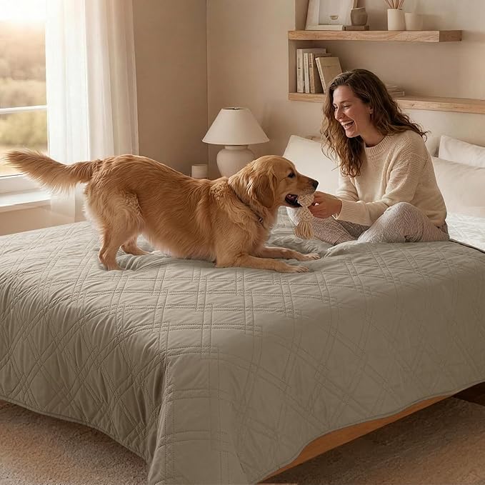 100% Waterproof Dog Couch Protector, Triple-Layer Waterproof Dog Bed Cover Pet Blanket Reversible 2-Tone Sofa Shield, Non-Slip Furniture Guard for Pets(82×92 Inch, Khaki+Off White)