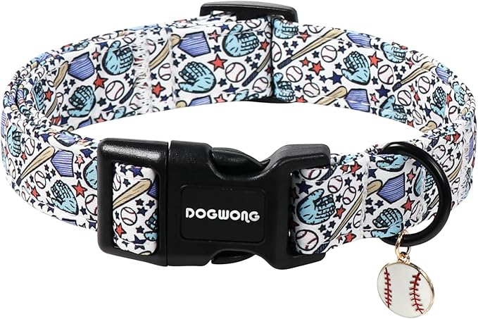 DOGWONG Baseball Dog Collar-Cute Boy Baseball Dog Collar, Adjustable Soft Male Dogs Collars for Large Dogs, L
