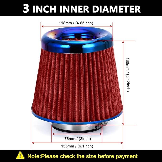 Cold Air Intake Filter, High Performance, Washable Filter, Clamp-On Replacement