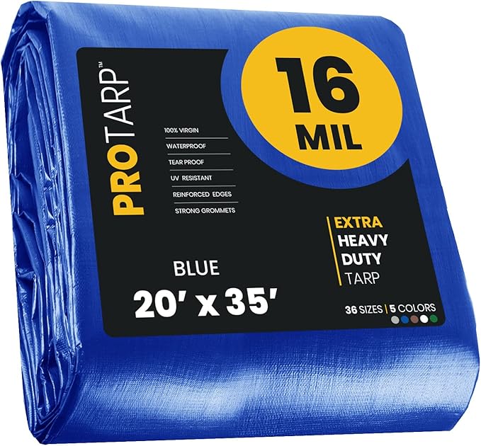 PROTARP Extra Heavy Duty 16 Mil Tarp Cover, Waterproof, UV Resistant, Rip and Tear Proof, Poly Tarpaulin with Reinforced Edges for Roof, Camping, Patio, Pool, Boat. (Blue 20′ X 35′)