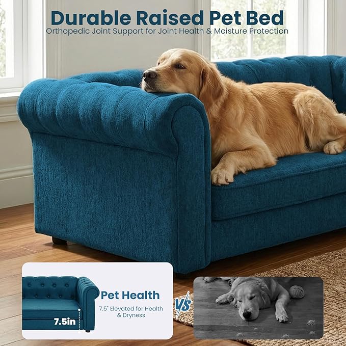 Elevated XL Large Dog Sofa with Backrest and Armrests, 55" Button Tufted Dog Couch Bed with Soft Cushion for Large Dogs, Stylish Lounging Bed Pet Couch Chair, 120Lbs Weight Capacity, Dark Blue