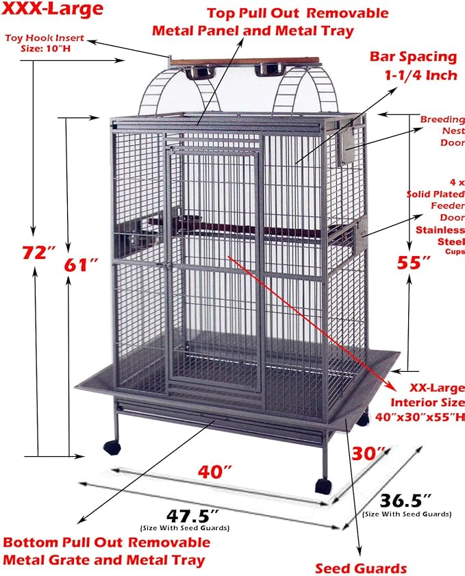 40"x30"x72"H, XX-Large Double Ladders Open Play Top Wrought Iron Bird Parrot Parttot Finch Macaw Cockatoo Cage, Include Seed Guard and Toy Hook